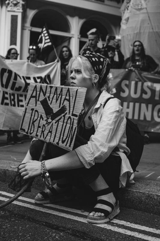 Protester sitting with a hand-painted animal liberation sign